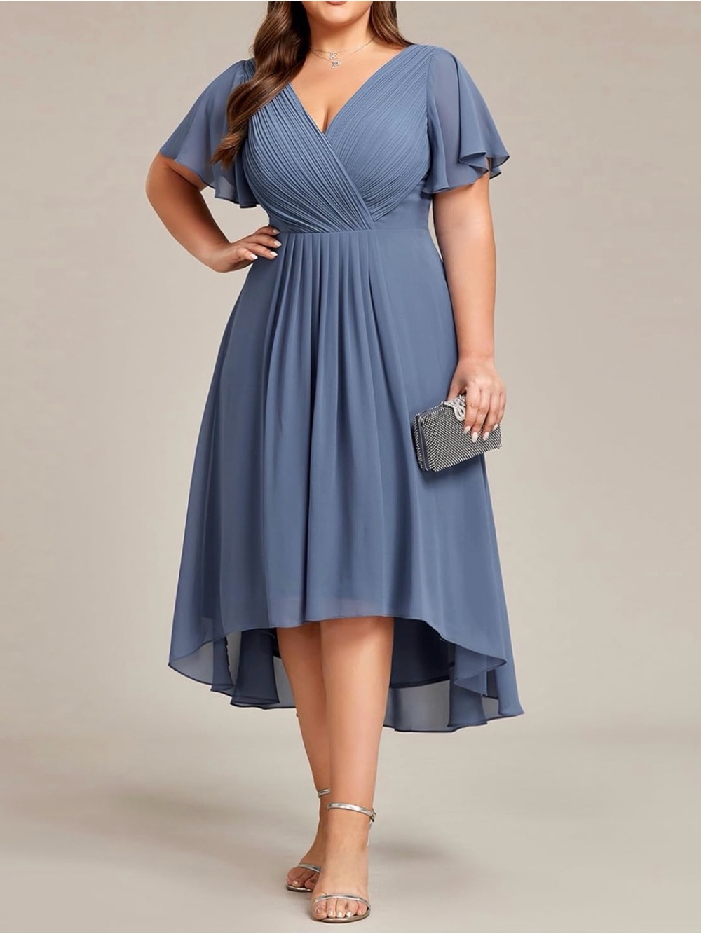 Ever Pretty Dusty Blue Hi-Low chiffon V-Neck Dress
